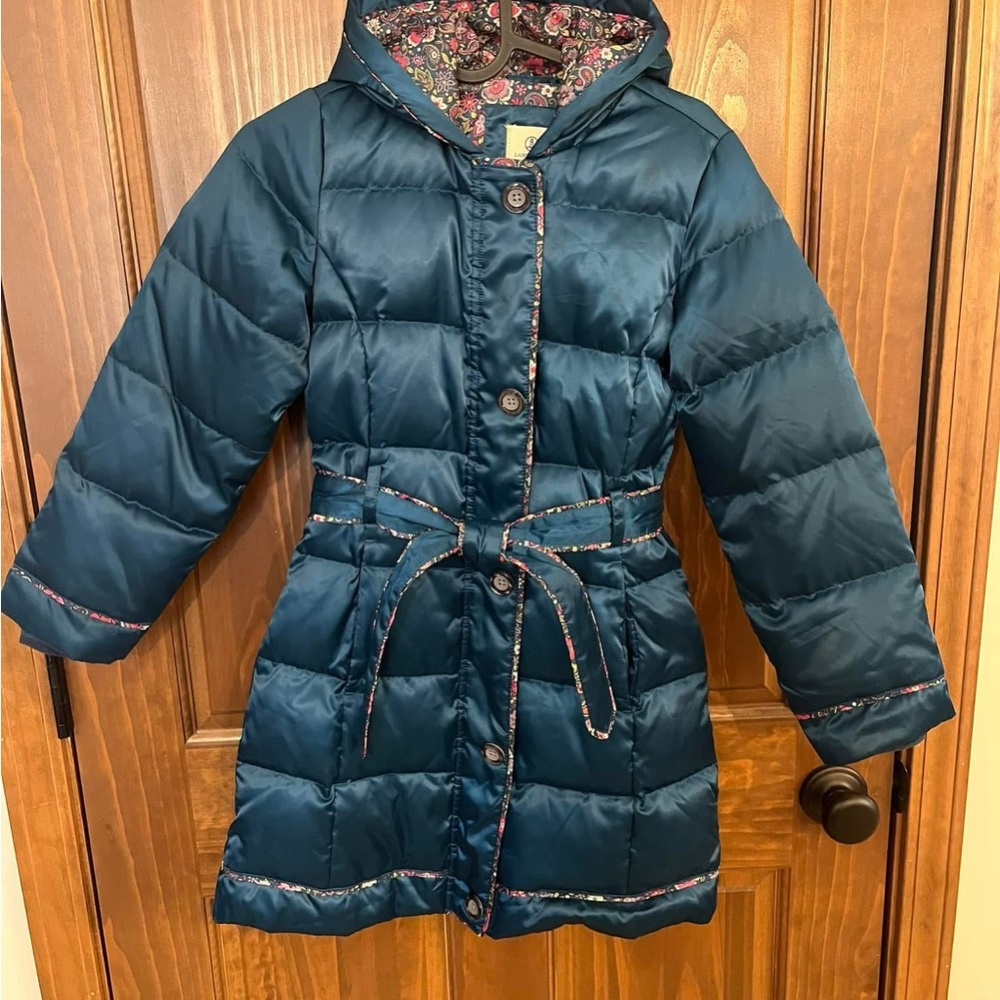Girls' Lands End Floral Lined Teal Puffer Coat